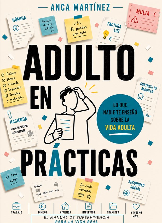 Portada de Adulto en prácticas, de Anca Martínez: un chico rascándose la cabeza rodeado de nóminas, facturas, post-its y cartas de Hacienda.